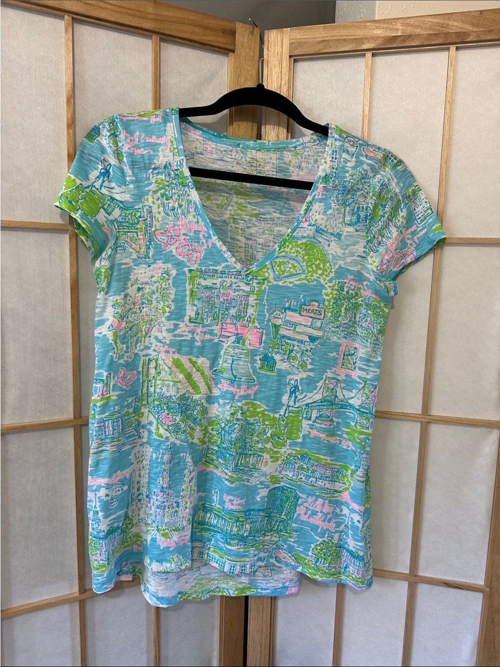 Lilly Pulitzer Blue Scenic V-Neck Tee with Green and Pink Accents